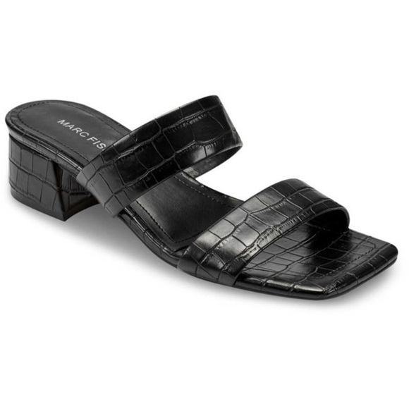 Marc Fisher Black Croc-Embossed Yori Block Heel Sandals, Size 8 - Picture 2 of 6
